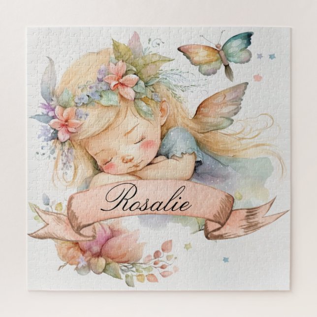 Whimsical Floral Sweet Dreams Sleeping Fairy Girl Jigsaw Puzzle (Vertical)