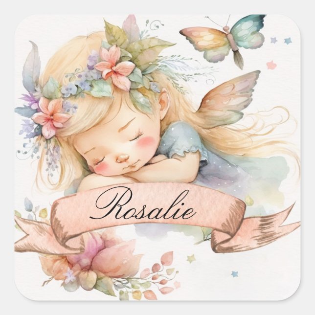 Whimsical Floral Sweet Dreams Sleeping Fairy Girl Square Sticker (Front)