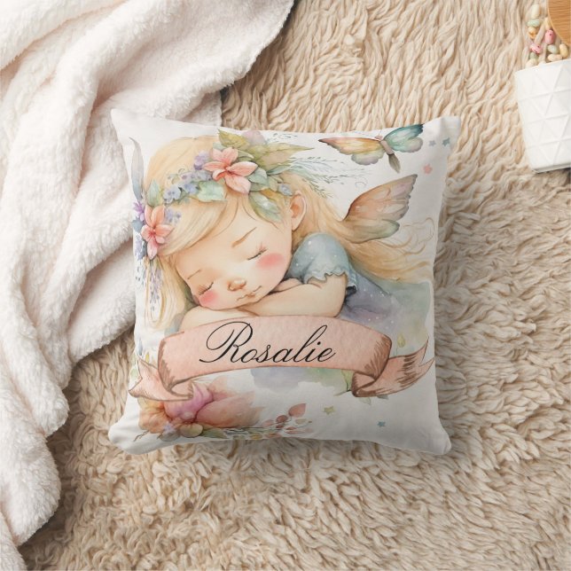 Whimsical Floral Sweet Dreams Sleeping Fairy Girl Throw Pillow (Blanket)