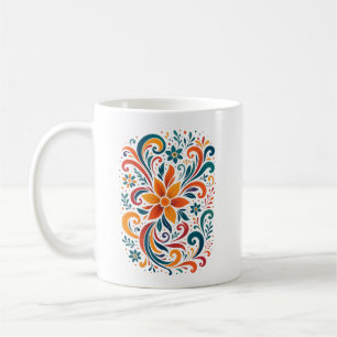 Whimsical Floral Swirl Mug - Orange Accent Handle