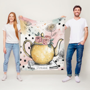 Whimsical Floral Teapot – Cozy Cottagecore Fleece Blanket