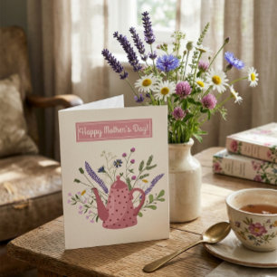 Whimsical Floral Teapot Happy Mother's Day Greetin Holiday Card