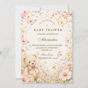 Whimsical Floral Teddy Bear Baby Shower Invitation