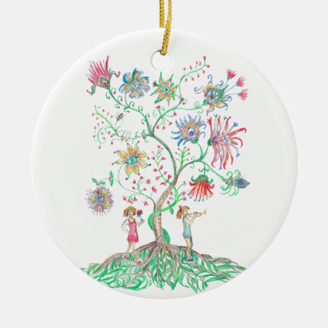 Whimsical Floral Tree  Ceramic Ornament (Front)