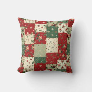 Whimsical Floral Vintage Christmas Quilt Pattern Throw Pillow