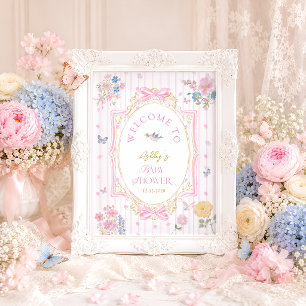 Whimsical Floral Vintage Girl Baby Shower Welcome Poster