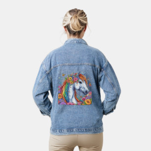 Whimsical Floral White Horse Pretty Colorful  Denim Jacket