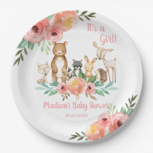 Whimsical Floral Woodland Animals Baby Shower Girl Paper Plate