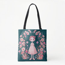 Whimsical Floral Wreath Dark Teal Tote Bag