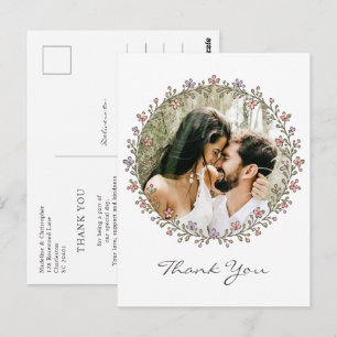 Whimsical Floral Wreath Photo Wedding Thank You Postcard