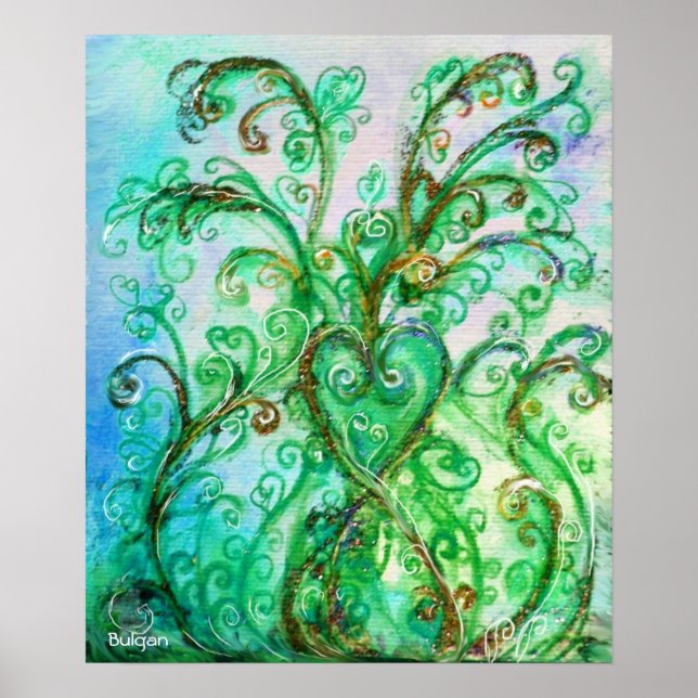 WHIMSICAL FLOURISHES,BLUE GREEN SWIRLS WITH HEART POSTER (Front)