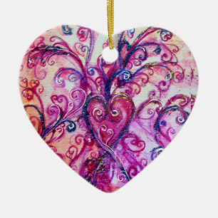 WHIMSICAL FLOURISHES HEART bright pink blue green Ceramic Ornament