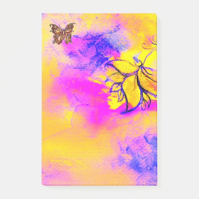 WHIMSICAL FLOWER AND BUTTERFLY Pink Blue Yellow Post-it Notes (Front)