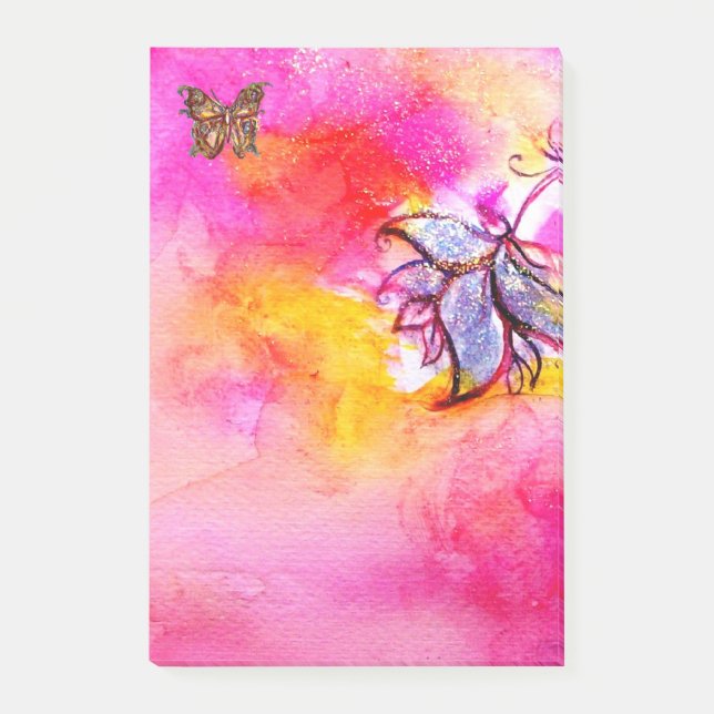WHIMSICAL FLOWER AND BUTTERFLY Pink Fuchsia Yellow Post-it Notes (Front)
