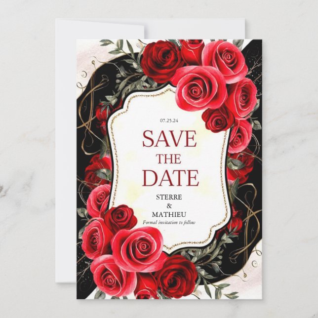 Whimsical Flower Crimson Red Roses Wedding Save The Date (Front)