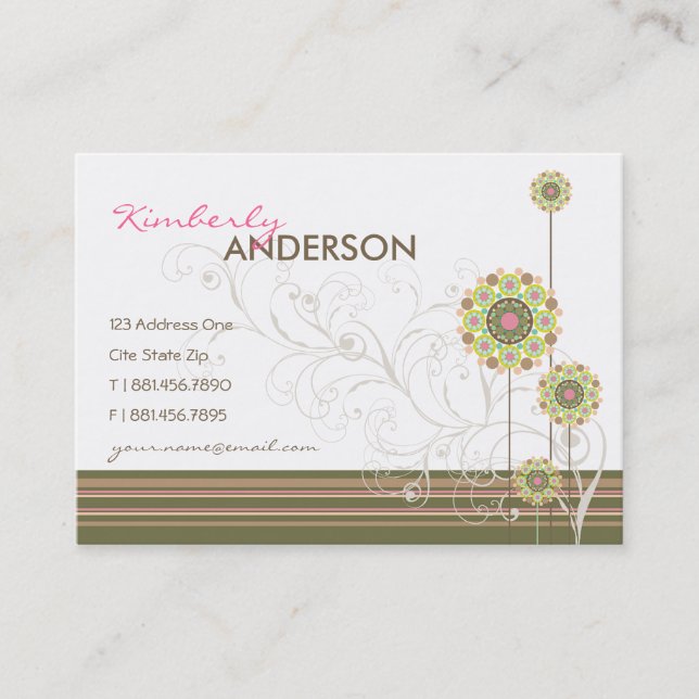 Whimsical Flower Dots Bloom And Swirls Modern Chic Business Card (Front)