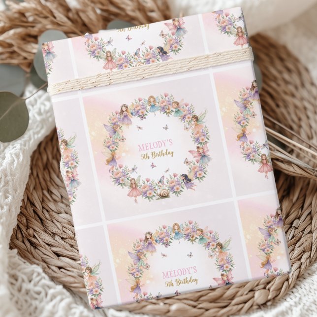 Whimsical flower fairy garden 5th birthday  wrapping paper (Creator Uploaded)