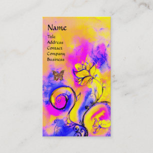 WHIMSICAL FLOWER,GOLD BUTTERFLY Yellow Pink Floral Business Card