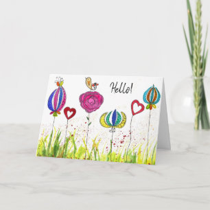 Whimsical Flowers and a Bird Greeting Card