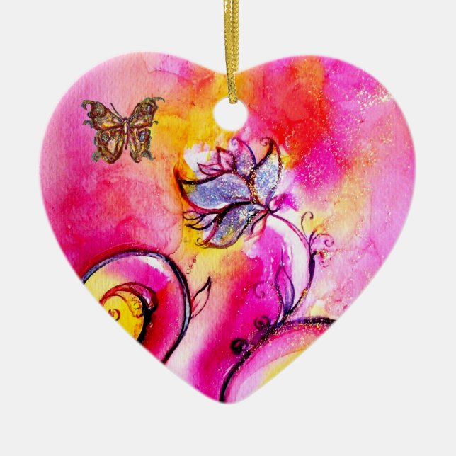 WHIMSICAL FLOWERS  AND BUTTERFLIES HEART CERAMIC ORNAMENT (Front)