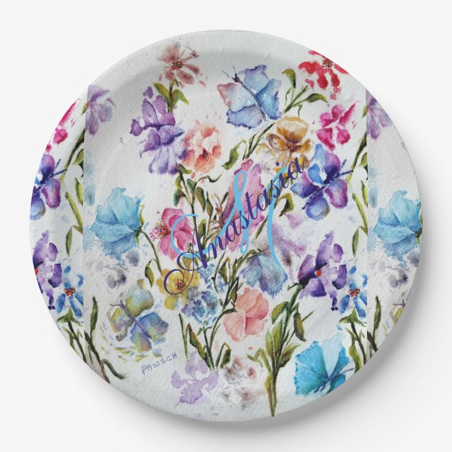 WHIMSICAL FLOWERS AND BUTTERFLIES MONOGRAM PARTY PAPER PLATE (Front)