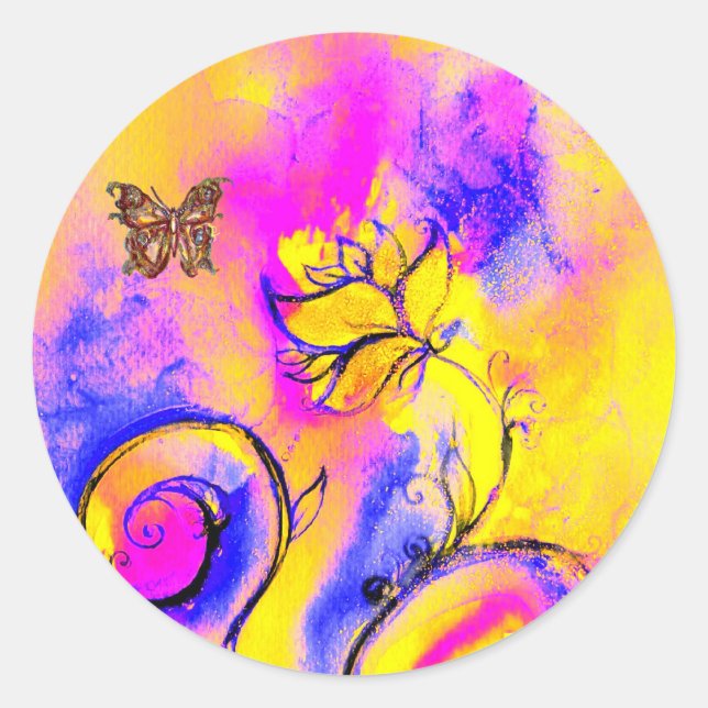 WHIMSICAL FLOWERS AND GOLD  BUTTERFLY CLASSIC ROUND STICKER (Front)