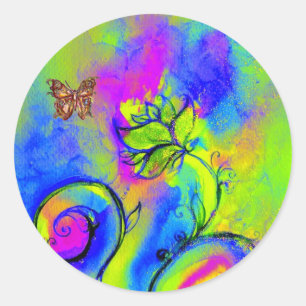 WHIMSICAL FLOWERS AND GOLD  BUTTERFLY CLASSIC ROUND STICKER