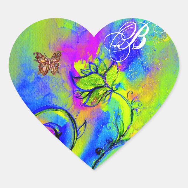 WHIMSICAL FLOWERS AND GOLD  BUTTERFLY MONOGRAM HEART STICKER (Front)