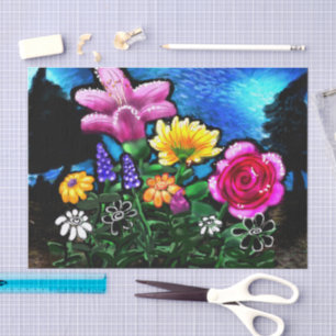 Whimsical Flowers At Night Decoupage Tissue Paper