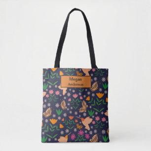 Whimsical Flowers birds and butterflies  monogram  Tote Bag