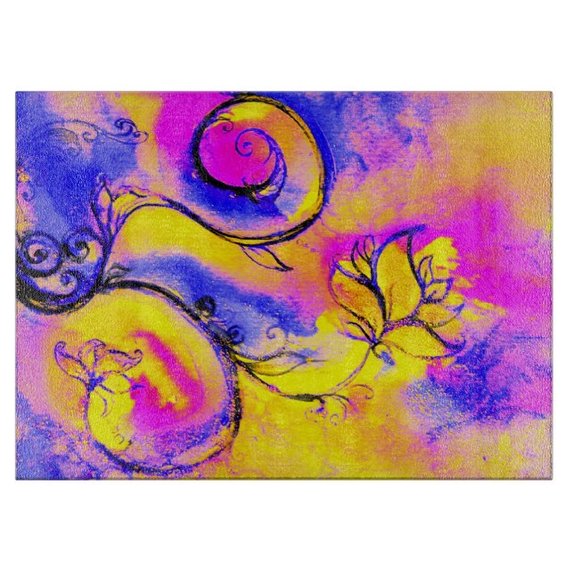 WHIMSICAL FLOWERS  blue pink orange yellow Cutting Board (Front)