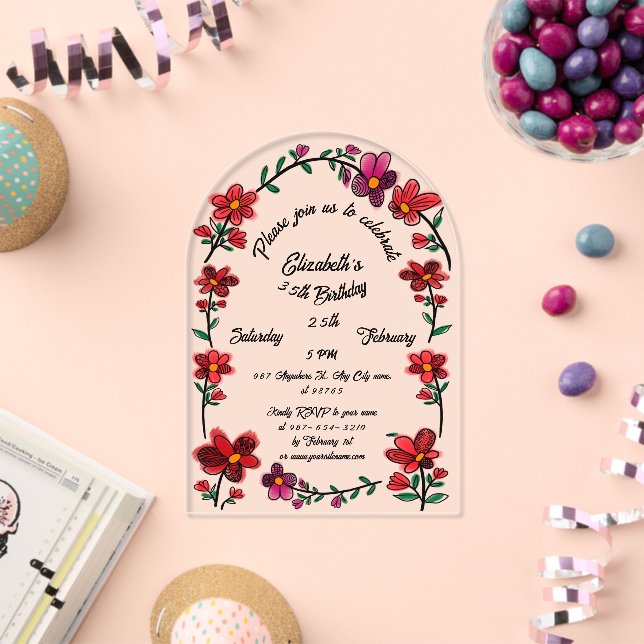 Whimsical Flowers Border 35th Birthday Party  Acrylic Invitations (Insitu (Celebration))