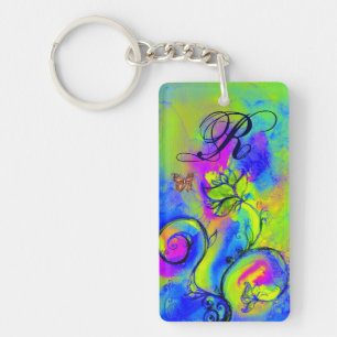 WHIMSICAL FLOWERS & BUTTERFLIES blue green yellow Keychain