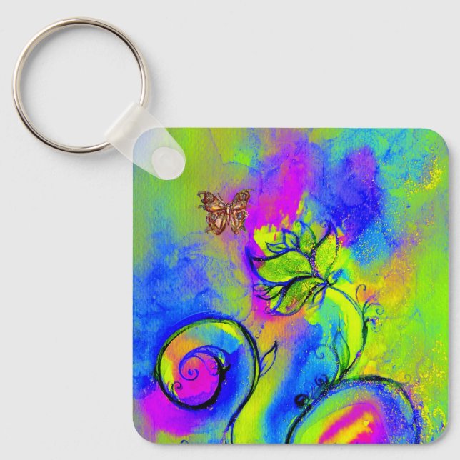 WHIMSICAL FLOWERS & BUTTERFLIES blue green yellow Keychain (Front)