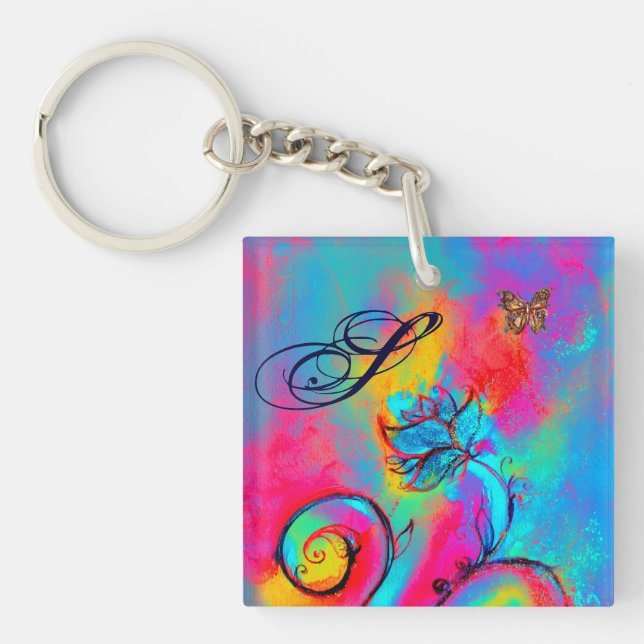WHIMSICAL FLOWERS & BUTTERFLIES pink yellow blue Keychain (Front)