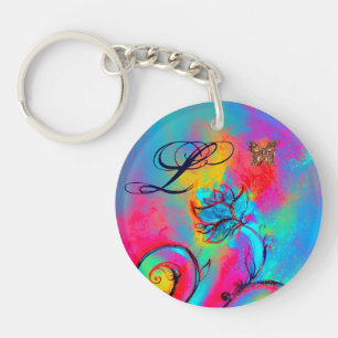 WHIMSICAL FLOWERS & BUTTERFLIES pink yellow blue Keychain