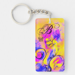WHIMSICAL FLOWERS & BUTTERFLIES pink yellow blue Keychain