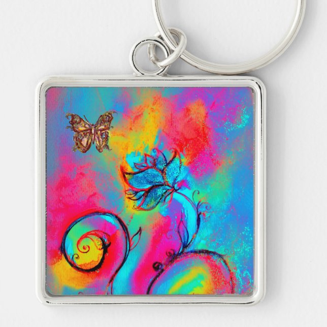 WHIMSICAL FLOWERS & BUTTERFLIES pink yellow blue Keychain (Front)