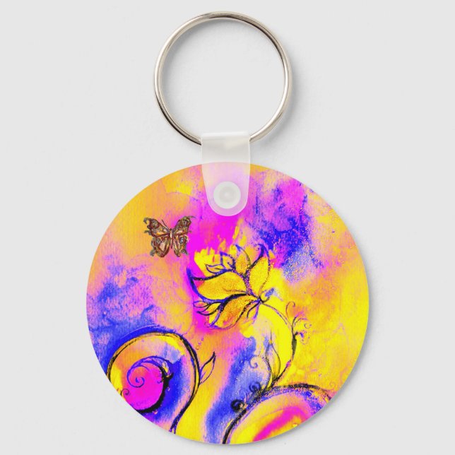 WHIMSICAL FLOWERS & BUTTERFLIES pink yellow blue Keychain (Front)
