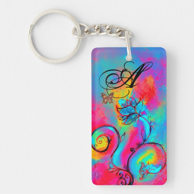 WHIMSICAL FLOWERS & BUTTERFLIES pink yellow blue Keychain (Front)