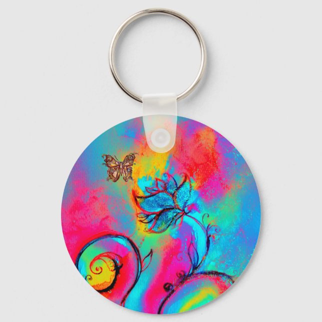 WHIMSICAL FLOWERS & BUTTERFLIES pink yellow blue Keychain (Front)