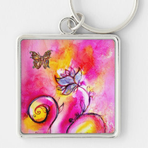 WHIMSICAL FLOWERS & BUTTERFLIES pink yellow blue Keychain