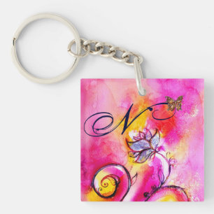 WHIMSICAL FLOWERS & BUTTERFLIES pink yellow blue Keychain