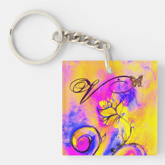 WHIMSICAL FLOWERS & BUTTERFLIES pink yellow blue Keychain (Front)