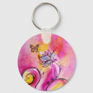 WHIMSICAL FLOWERS & BUTTERFLIES pink yellow blue Keychain