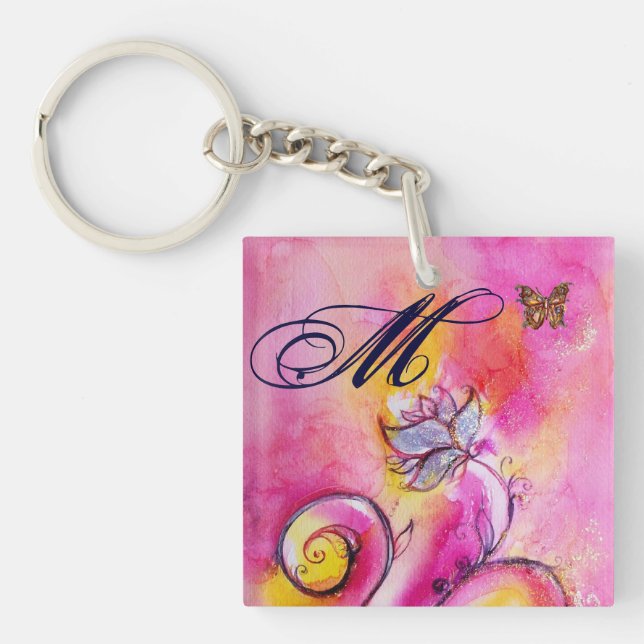 WHIMSICAL FLOWERS & BUTTERFLIES pink yellow blue Keychain (Front)