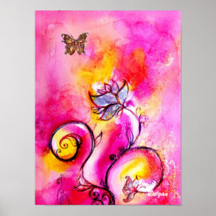 WHIMSICAL FLOWERS & BUTTERFLIES pink yellow blue Poster
