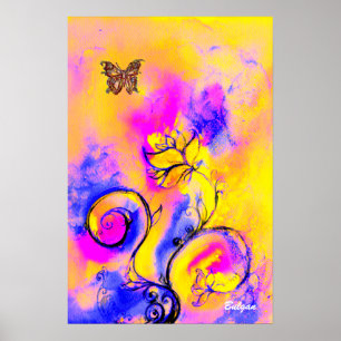 WHIMSICAL FLOWERS & BUTTERFLIES pink yellow blue Poster