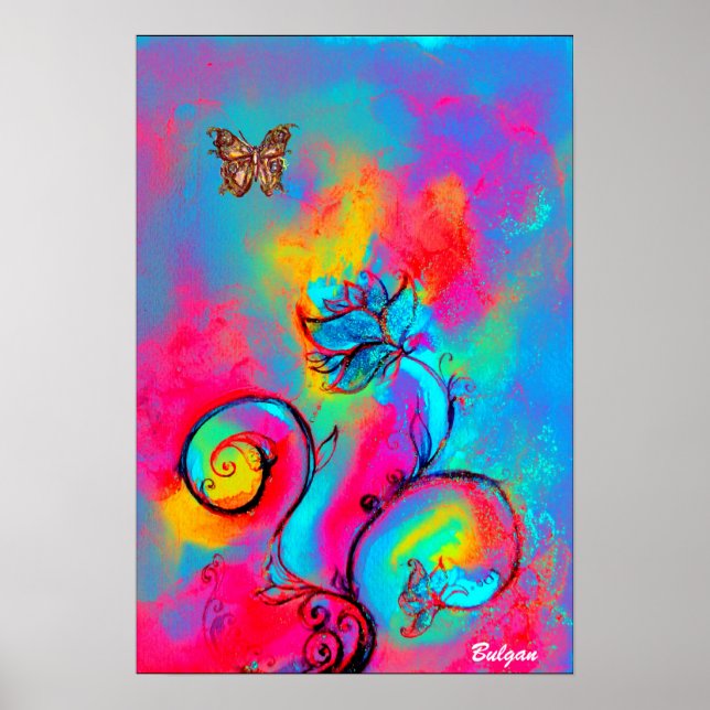 WHIMSICAL FLOWERS & BUTTERFLIES  pink yellow blue Poster (Front)