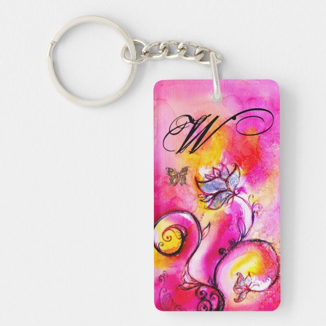 WHIMSICAL FLOWERS & BUTTERFLIES pink yellow purple Keychain (Front)